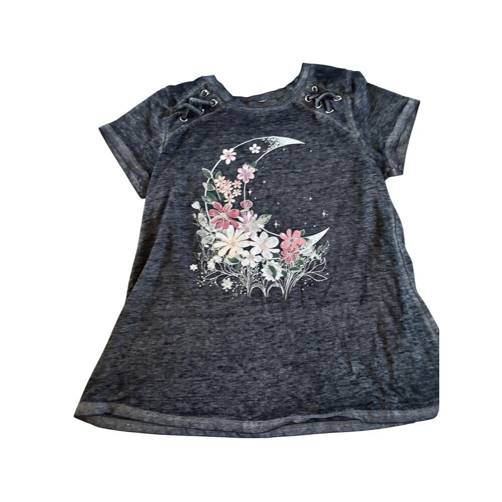Modish Rebel Girls S Gray Floral Moon Graphic Tee Lace Up Shoulder Short Sleeve